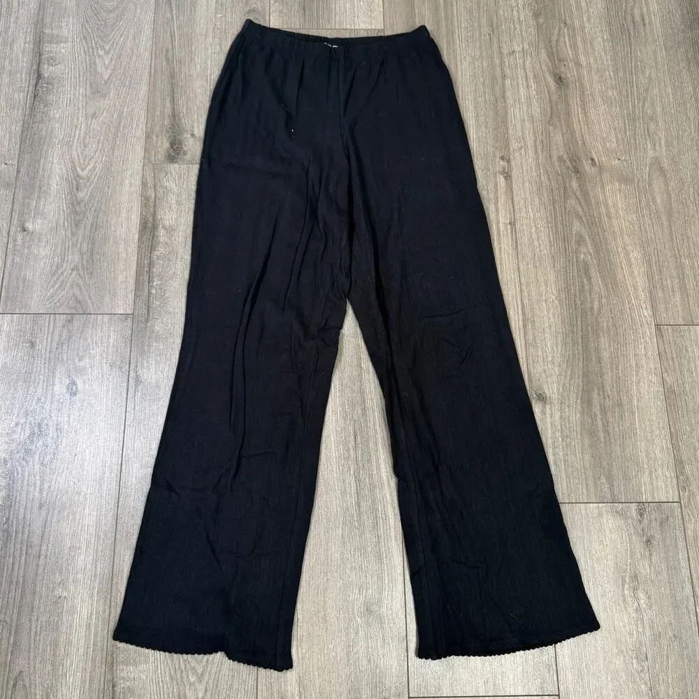 J.Crew Pointelle Pants WMNS XS Black Mid-Rise Drapey Wide Leg Elastic Waistband